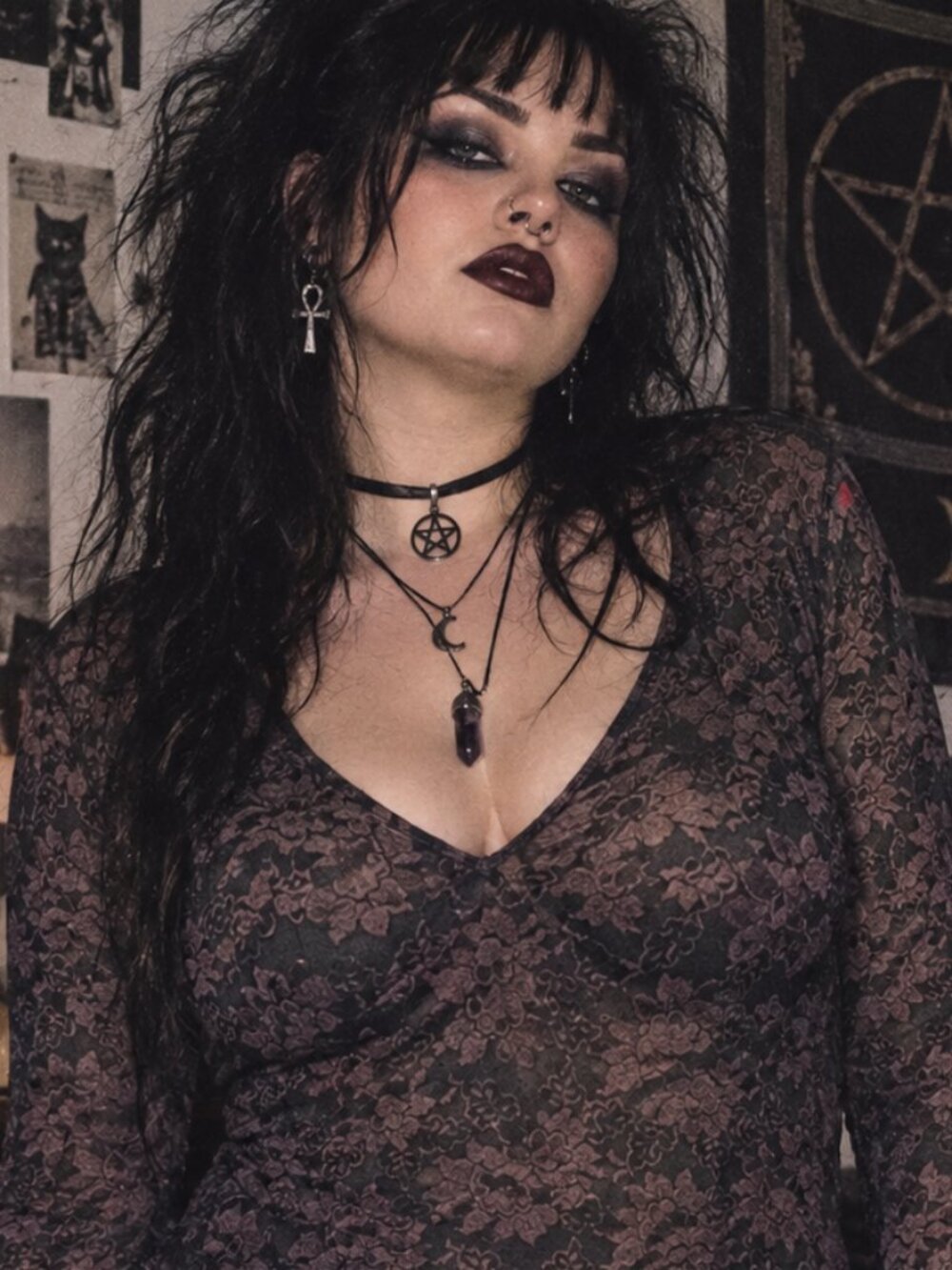 Vintage Floral Lace V-neck Black Purple Y2K Fairy Grunge Vamp Goth L Top Witchy